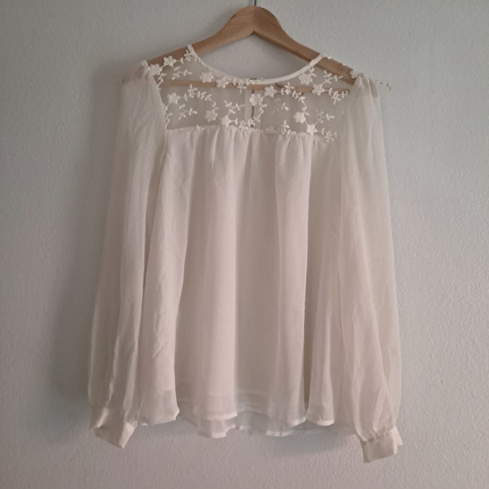 Gauzey White Flowy Long Sleeve Blouse with Mesh Floral Detail